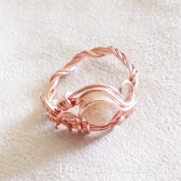Honey + Tan Frosted Dragonvein Agate + Copper Wire Wrap Ring - Generous Size 9 - Picture 2 of 9